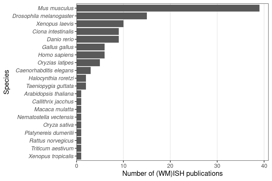 Number of (WM)ISH publications per species.