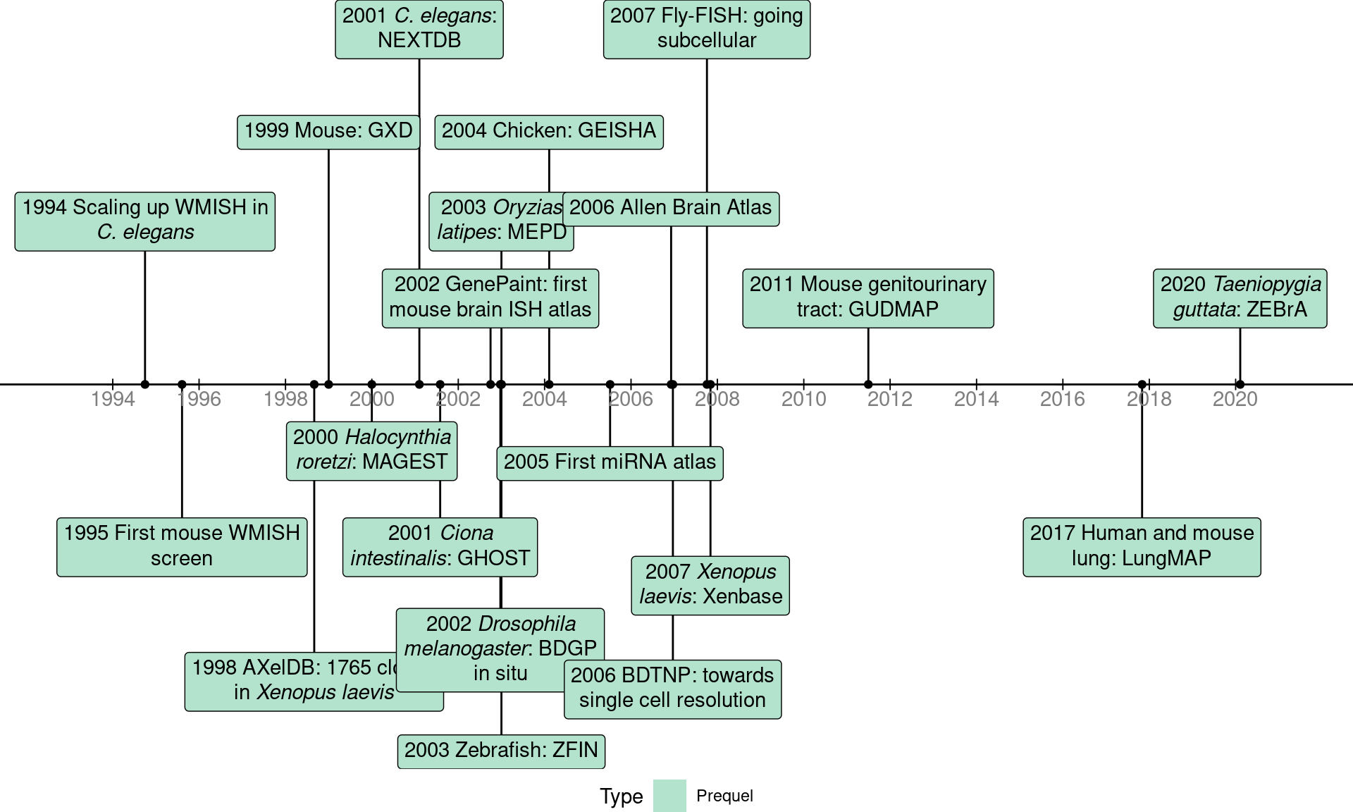 Timeline of the first (WM)ISH databases for each species for which such databases are available, as well as some notable databases.