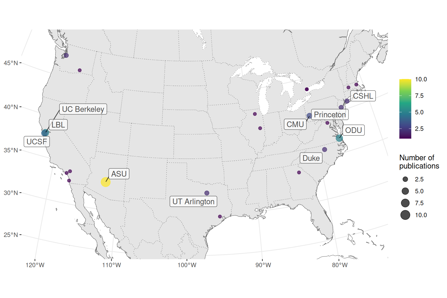 Number of publications per city for prequel data analysis in the US.