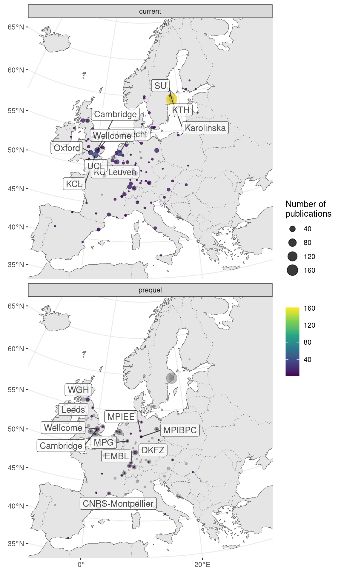 Map of institutions around western Europe. Area of the point is proportional to the number of publications from that city. Gray points are sum of both prequel and current eras for each city. Top 10 institutions in each era are labeled.