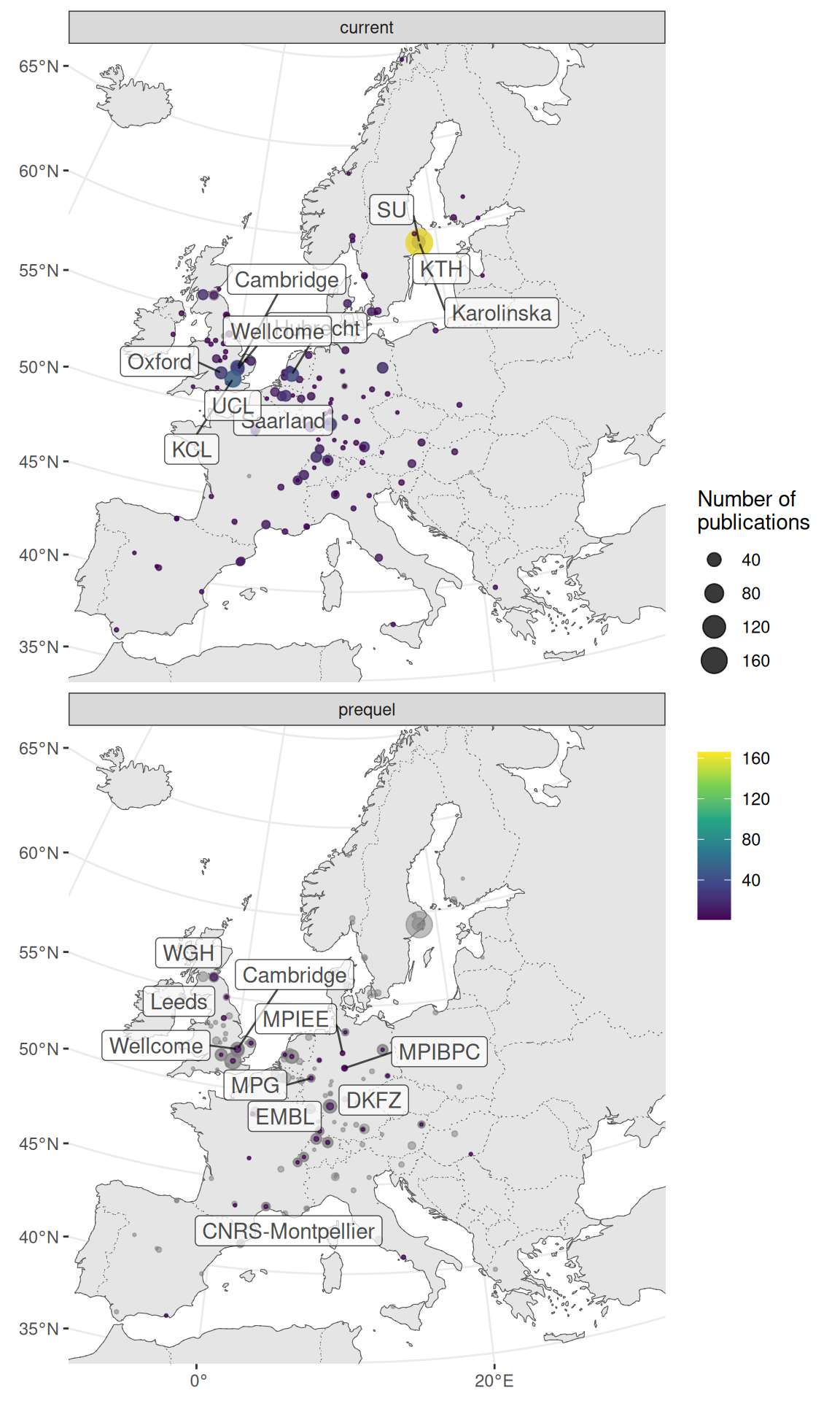 Map of institutions around western Europe. Area of the point is proportional to the number of publications from that city. Gray points are sum of both prequel and current eras for each city. Top 10 institutions in each era are labeled.