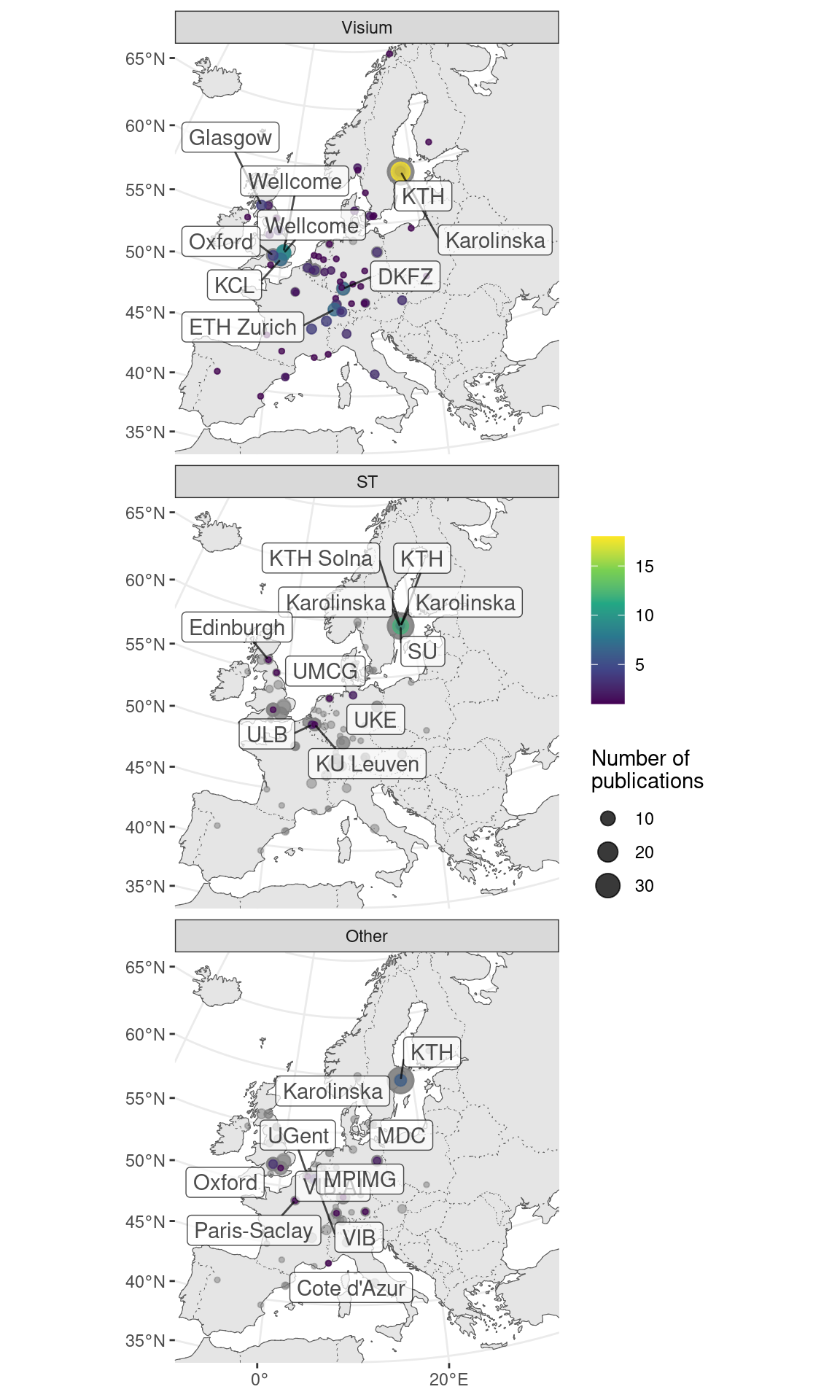 Cities and institutions using ST and Visium in western Europe. Preprints are included.
