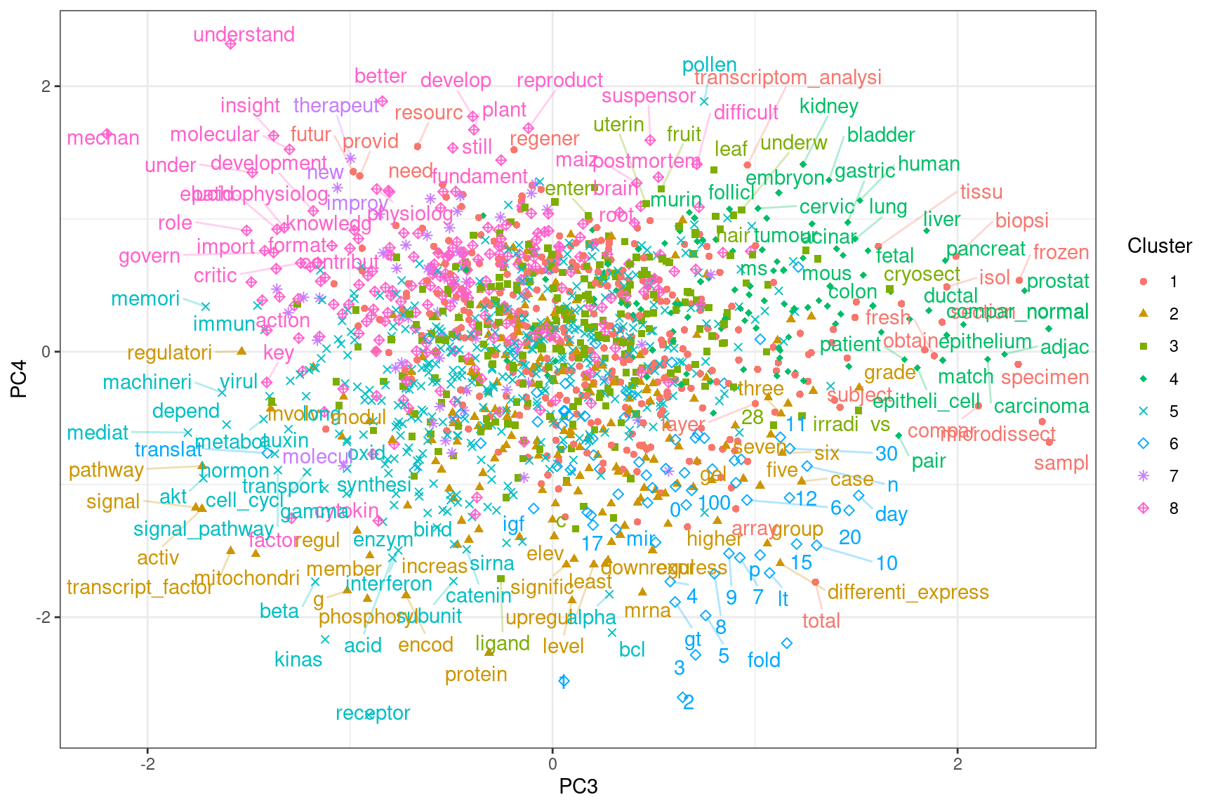 Projection of word embeddings into the 3rd and 4th PCs.