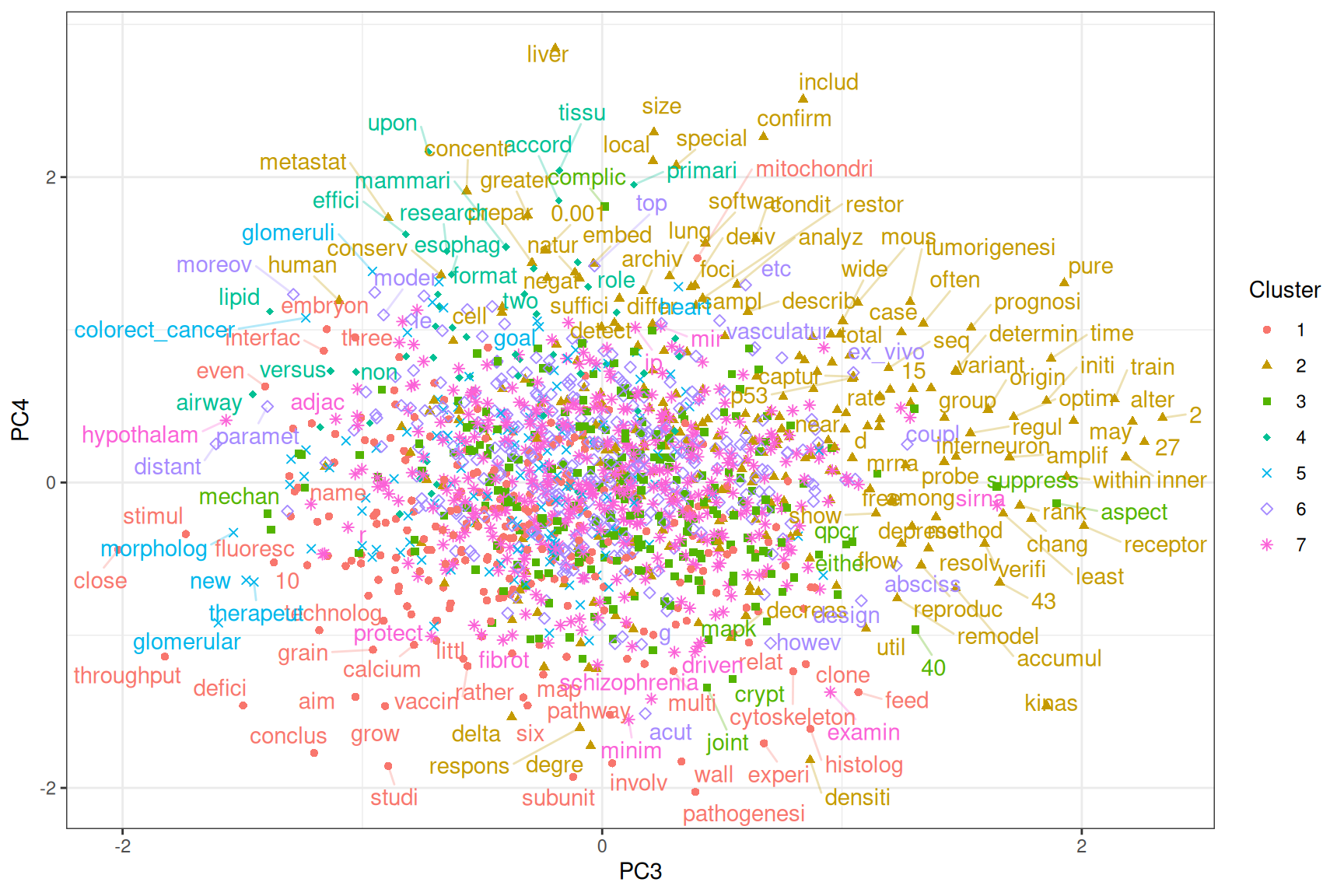 Projection of word embeddings into the 3rd and 4th PCs.