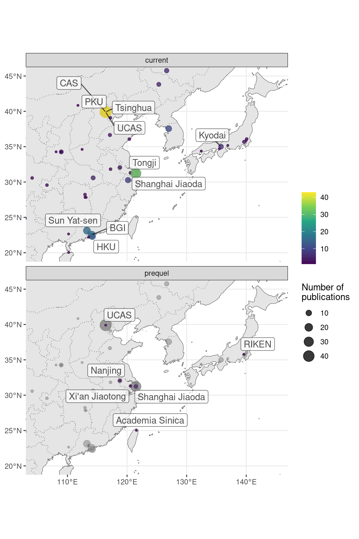 Map of where first authors of current era and prequel data analysis papers were located as of publication in northeastern Asia. Top 5 institutions in each era are labeled.