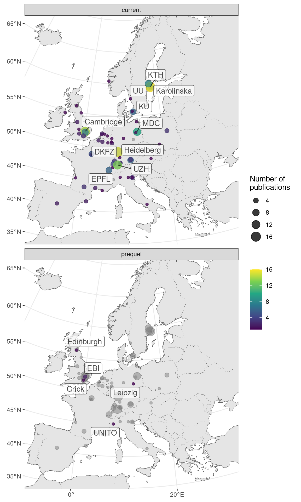Map of where first authors of current era and prequel data analysis papers were located as of publication in western Europe. Top 5 institutions in each era are labeled.